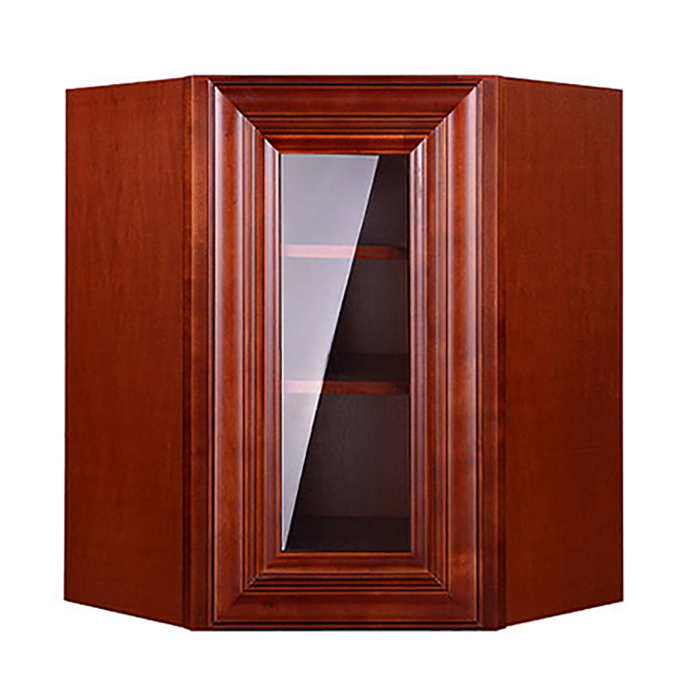 Cherry Maple Wall Diagonal Cabinet with Clear Glass Door