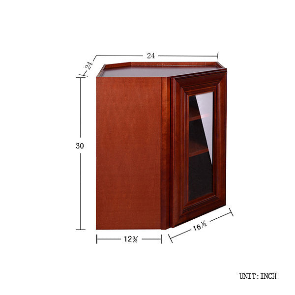 Cherry Maple Wall Diagonal Cabinet with Clear Glass Door