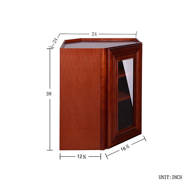 Cherry Maple Wall Diagonal Cabinet with Clear Glass Door