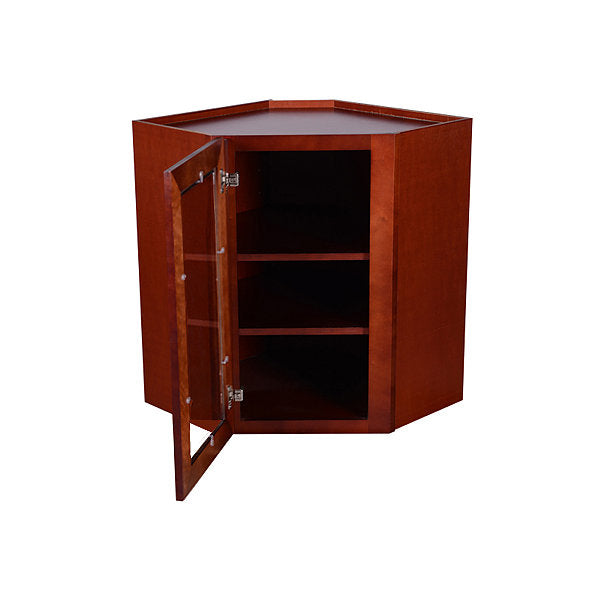 Cherry Maple Wall Diagonal Cabinet with Clear Glass Door